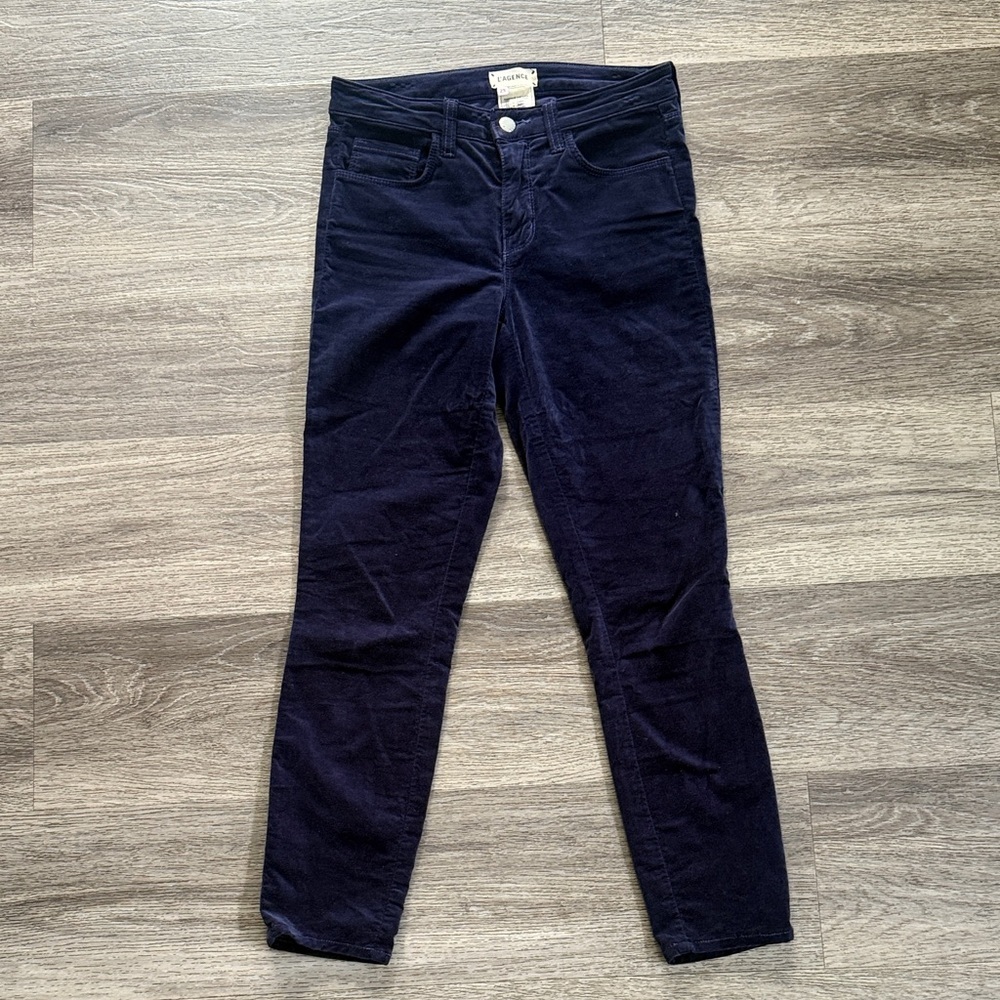 L'AGENCE Deep Blue Velvet Trousers Size 25 Women’s Mid rise Cropped Pants